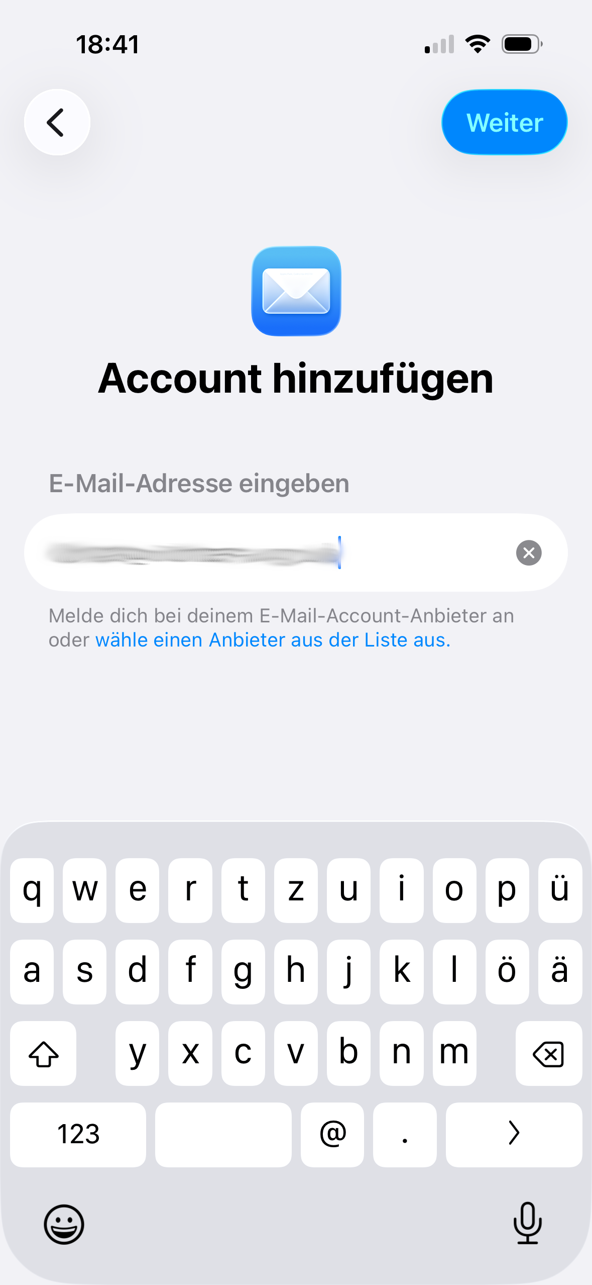 E-Mail-Adresse eingeben und Anbieterliste öffnen