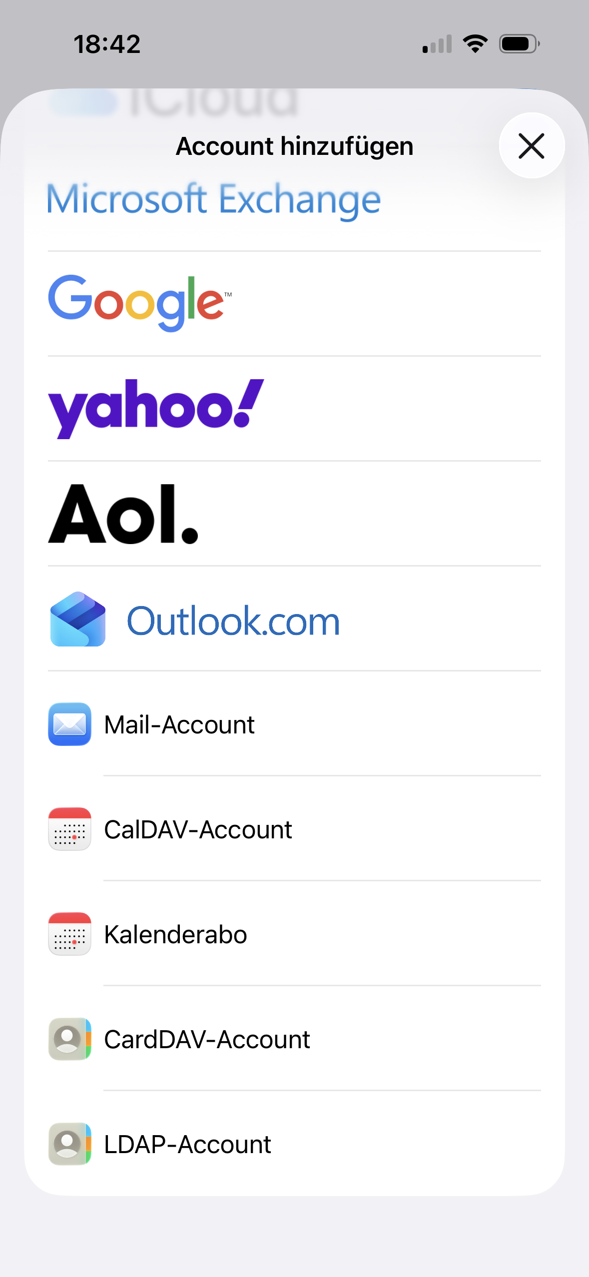 Mail-Account aus der erweiterten Liste auswählen