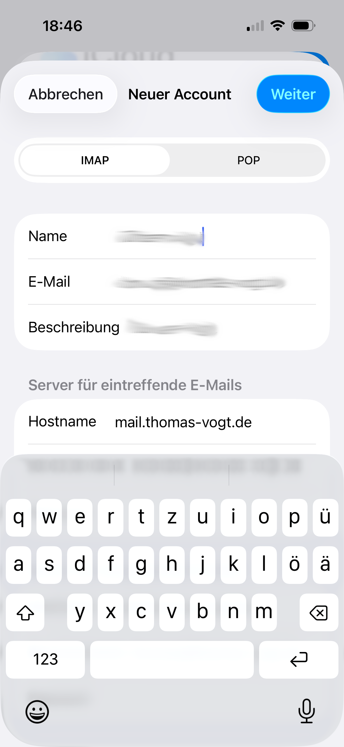 IMAP wählen und Hostname für eintreffende E-Mails eintragen