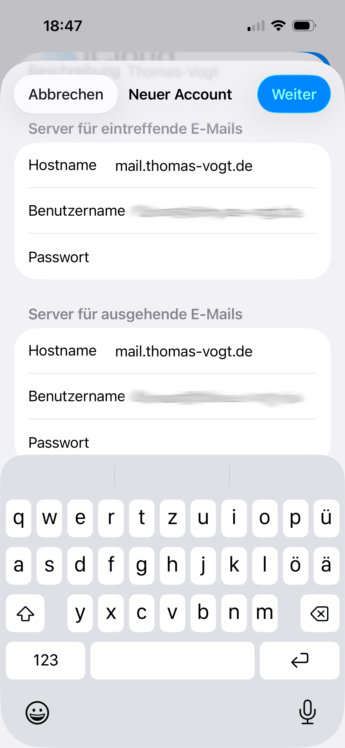 Server für eintreffende und ausgehende E-Mails vervollständigen