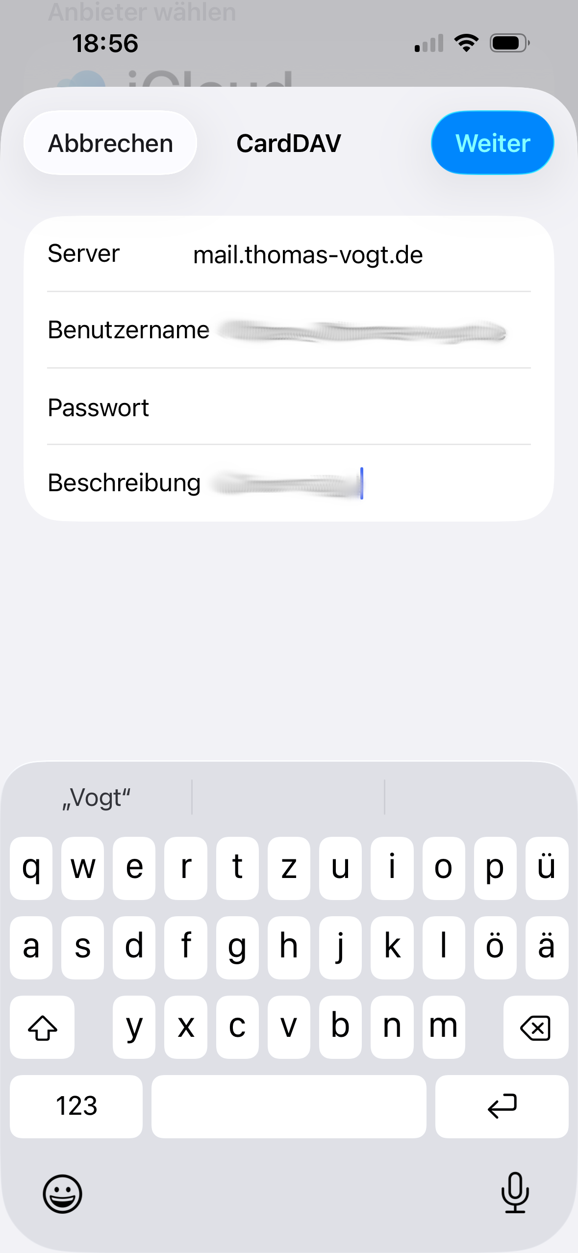 CardDAV-Account mit Server, Benutzername und Passwort einrichten