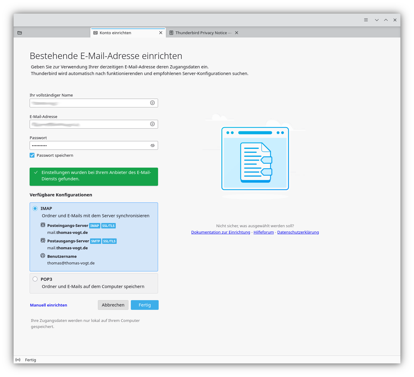 Automatisch erkannte IMAP-Konfiguration bestätigen