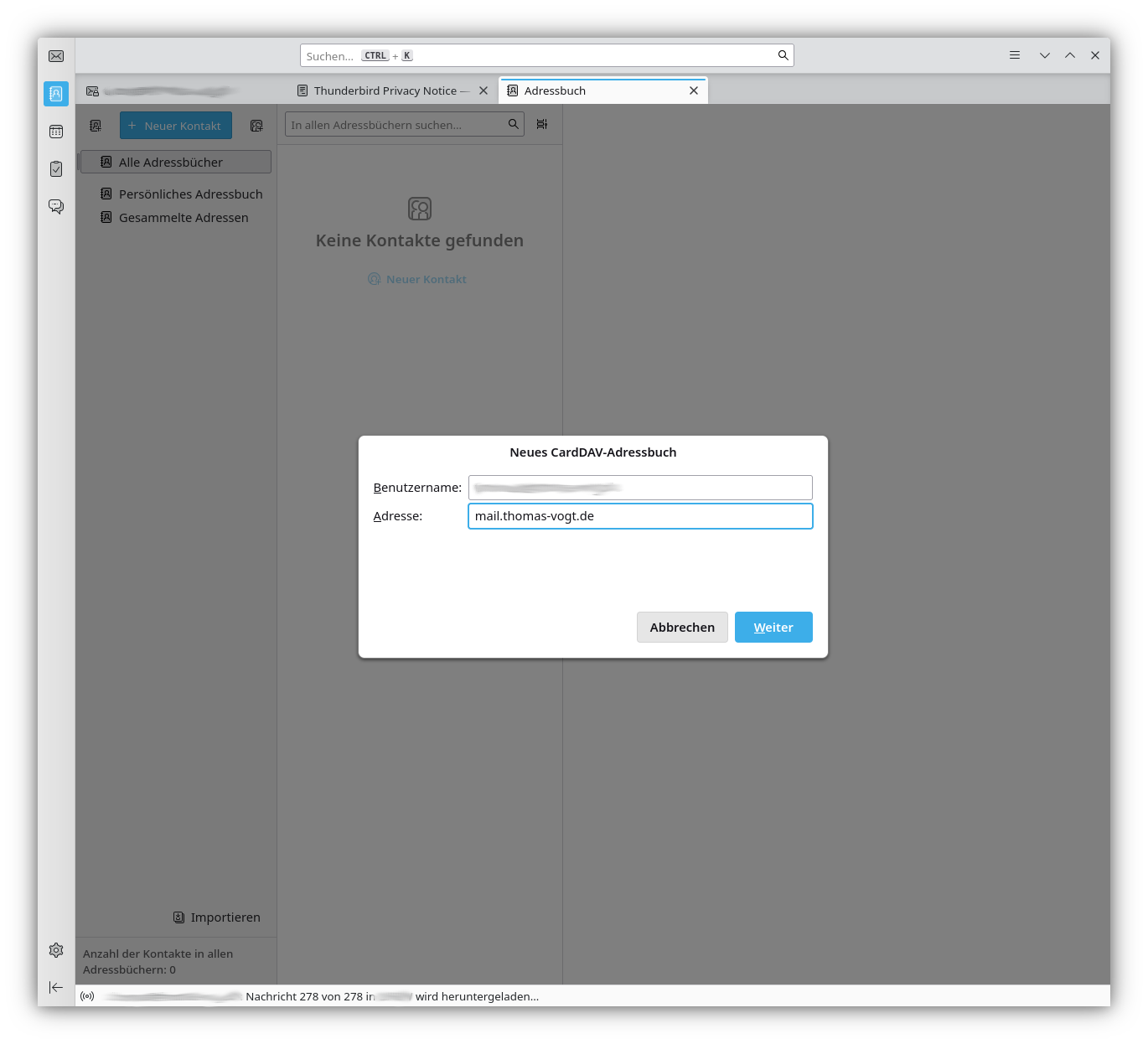 Benutzername und Serveradresse für das CardDAV-Adressbuch eingeben