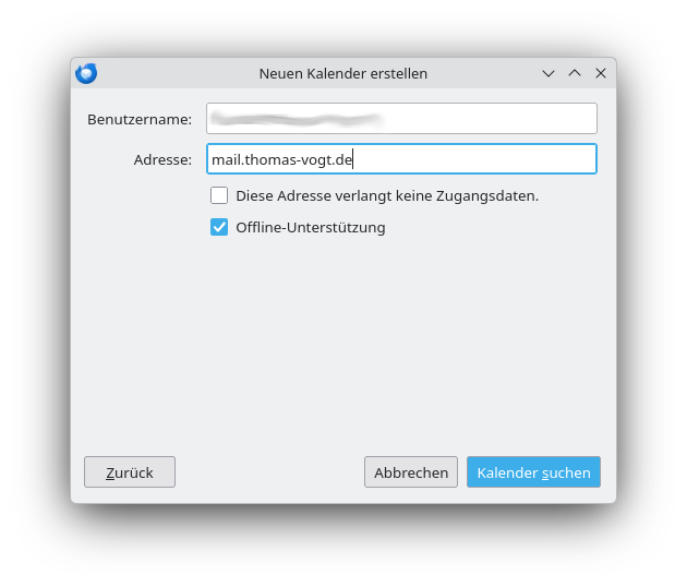 Benutzername und Serveradresse für den Kalender eingeben